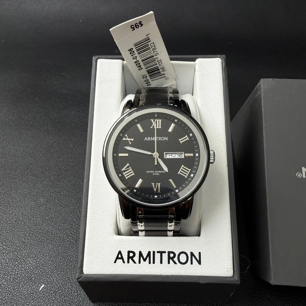 MSRP $95 Armitron Mens 20/4935TB Day/Date Black/Silver‎ Tone Bracelet Watc